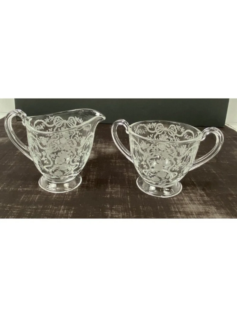 VTG 1940s Fostoria Romance Crystal Creamer Sugar Bowl Set Floral & Ribbon Etched - Picture 2 of 10